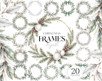 May include: A collection of watercolor Christmas frames and botanical elements. The image features wreaths, pine cones, ornaments, and foliage in shades of green, white, and gold. Text reads "Christmas Frames Clipart" and "20 .PNG FILES".