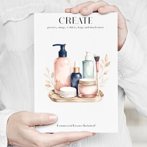 May include: A watercolour illustration of beauty products on a gold tray. The image includes a pink pump bottle, a blue dropper bottle, a jar, a brush, and cotton pads. The word "CREATE" is at the top, with text below it.