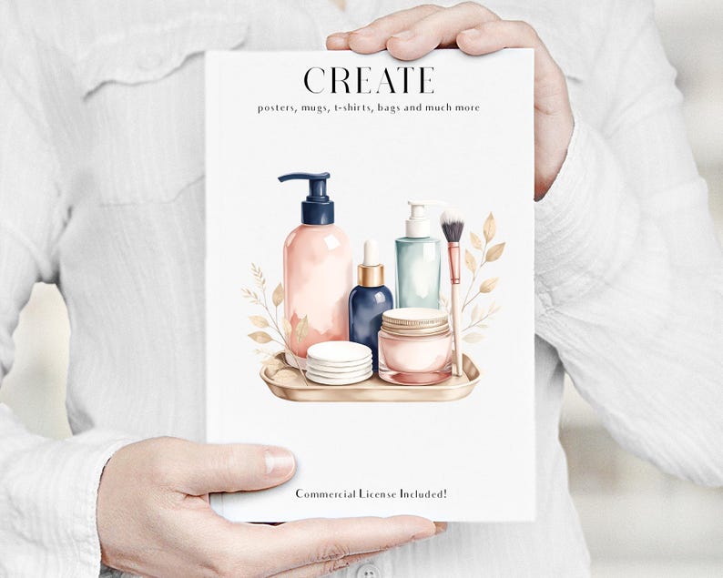 May include: A watercolour illustration of beauty products on a gold tray. The image includes a pink pump bottle, a blue dropper bottle, a jar, a brush, and cotton pads. The word "CREATE" is at the top, with text below it.