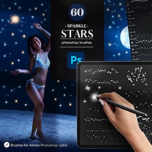 Puede incluir: Un conjunto de 60 pinceles de Photoshop con estrellas brillantes. Los pinceles están diseñados para crear una variedad de efectos de estrellas, desde estrellas pequeñas y brillantes hasta estrellas grandes y brillantes. Los pinceles son perfectos para agregar un toque de magia a tus diseños.