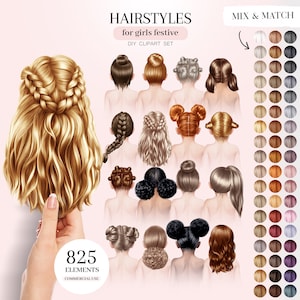 Festive Girly Hairstyles Clipart, Girls Hair Illustrations, Children Hair PNG Graphics