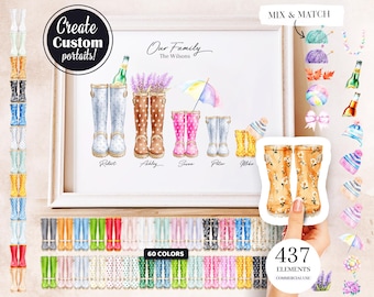 Watercolor Family Shoes Clipart, Rainboots Portrait Creator, Gumboots Clipart, Wellington Boots PNG Graphics