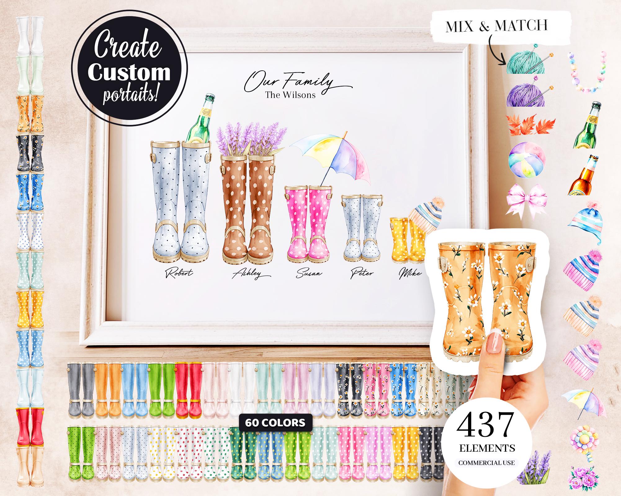 Watercolor Family Shoes Clipart, Rainboots Portrait Creator, Gumboots Clipart, Wellington Boots PNG Graphics