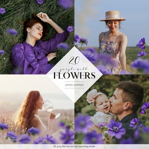 Peut inclure: Un ensemble de 20 superpositions de photos de fleurs sauvages violettes. Les superpositions sont au format PNG et sont idéales pour ajouter une touche de nature à vos photos.  20 fichiers .png pour le mode de fusion normal.