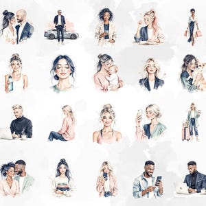 May include: A collection of watercolour illustrations featuring diverse individuals in various scenarios. The images showcase couples, people using laptops and phones, and individuals with pets. The colour scheme uses soft pastels and watercolour effects, creating a gentle artistic style.