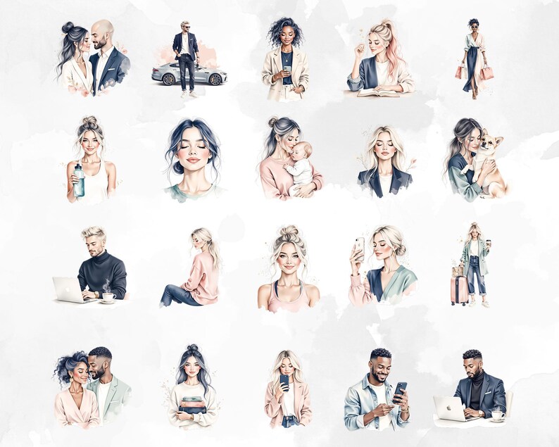 May include: A collection of watercolour illustrations featuring diverse individuals in various scenarios. The images showcase couples, people using laptops and phones, and individuals with pets. The colour scheme uses soft pastels and watercolour effects, creating a gentle artistic style.