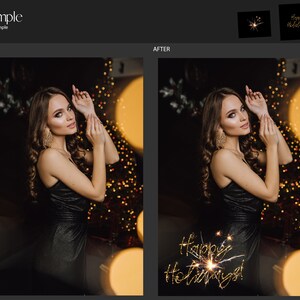 May include: A woman in a black dress poses in front of a Christmas tree with sparkling lights. The text "Happy Holidays!" is written in gold glitter with a sparkler effect.