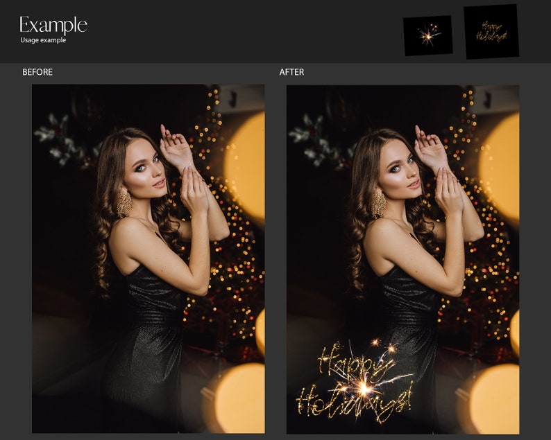 May include: A woman in a black dress poses in front of a Christmas tree with sparkling lights. The text "Happy Holidays!" is written in gold glitter with a sparkler effect.