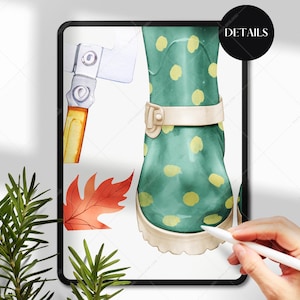 May include: A green and yellow polka dot rain boot with a white cuff. The boot is on a white background with a leaf and a small axe.
