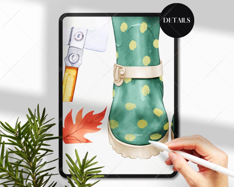 May include: A green and yellow polka dot rain boot with a white cuff. The boot is on a white background with a leaf and a small axe.