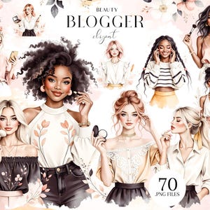 May include: Digital art featuring illustrations of diverse women in various poses, some holding makeup brushes and compacts. The text "BEAUTY BLOGGER" and "70 .PNG FILES" are visible. Soft pastel colors and floral accents create a feminine aesthetic.