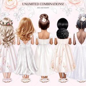 K&ouml;nnte beinhalten: F&uuml;nf M&auml;dchen in wei&szlig;en Kleidern mit verschiedenen Blumenmustern und Stilen. Die M&auml;dchen haben unterschiedliche Frisuren und Hautt&ouml;ne. Der Hintergrund ist ein rosafarbenes Blumenmuster mit dem Text "UNLIMITED COMBINATIONS! mix and match!"