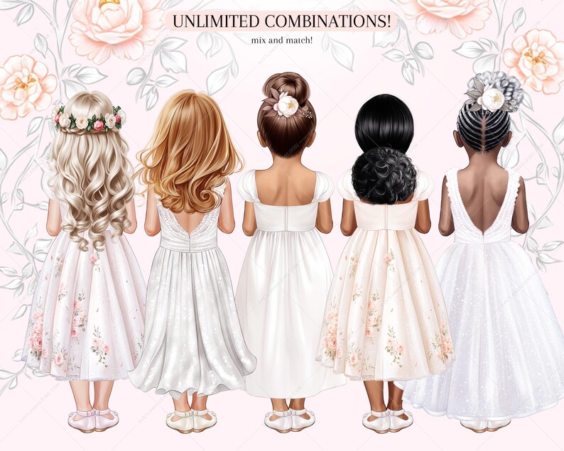 K&ouml;nnte beinhalten: F&uuml;nf M&auml;dchen in wei&szlig;en Kleidern mit verschiedenen Blumenmustern und Stilen. Die M&auml;dchen haben unterschiedliche Frisuren und Hautt&ouml;ne. Der Hintergrund ist ein rosafarbenes Blumenmuster mit dem Text "UNLIMITED COMBINATIONS! mix and match!"