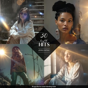 以下が含まれることがあります： 写真用の光効果オーバーレイ50個セット。オーバーレイはさまざまな形とサイズがあり、写真に魔法のタッチを加えるために使用できます。画像のテキストは「50 light hits photo overlays」です。