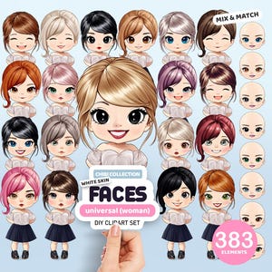 White Female Faces Clipart, Chibi Heads PNG, Custom Doll Creator, Anime Faces Clip Art, Personalized Portrait, Customizable Clipart