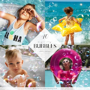 May include: A set of 40 digital photo overlays featuring colorful, iridescent soap bubbles. The bubbles are perfect for adding a whimsical touch to summer photos.