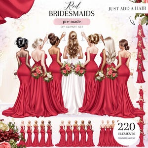 Könnte beinhalten: Rotes Brautjungfern-Clipart-Set mit 220 Elementen für kommerzielle Nutzung. Das Set beinhaltet 5 Hauttöne, rote Kleider und Blumensträuße. Einfach noch Haare hinzufügen.
