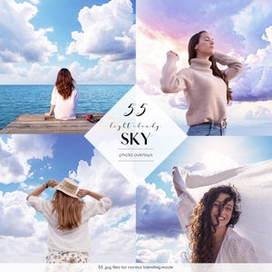 以下が含まれることがあります： 薄い雲のある空の背景が異なる4つの画像のコラージュ。画像は正方形に配置され、中央に白い菱形があります。菱形には「55 light cloudy SKY photo overlays」というテキストが含まれています。