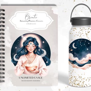 Pode incluir: Uma capa de planejador com espiral e um copo branco. A capa do planejador apresenta uma ilustra&ccedil;&atilde;o de uma mulher com cabelo azul, uma tigela e o texto "Create Amazing Planner Covers or book covers" e "UNLIMITED USAGE". O copo tem um design celestial.