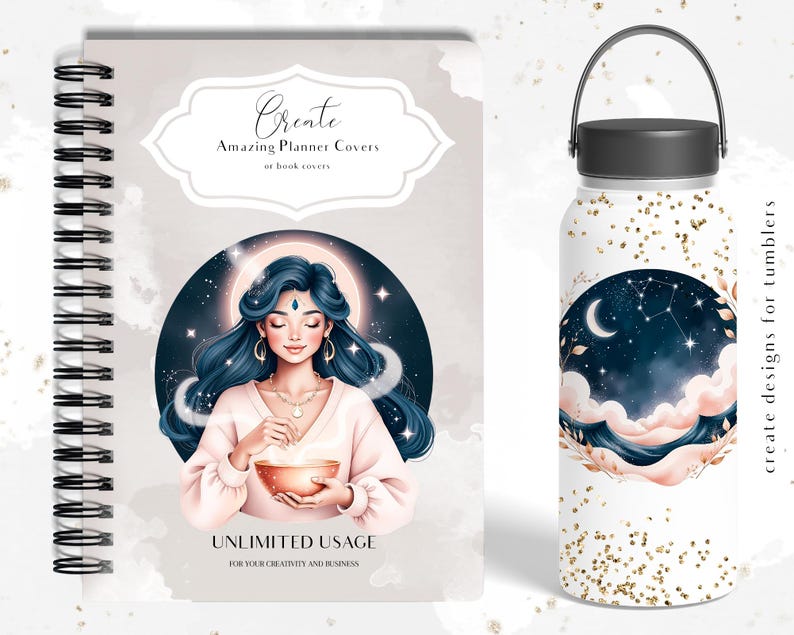 Pode incluir: Uma capa de planejador com espiral e um copo branco. A capa do planejador apresenta uma ilustra&ccedil;&atilde;o de uma mulher com cabelo azul, uma tigela e o texto "Create Amazing Planner Covers or book covers" e "UNLIMITED USAGE". O copo tem um design celestial.
