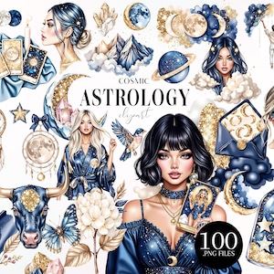 Pode incluir: Uma cole&ccedil;&atilde;o de arte digital com temas celestiais e astrol&oacute;gicos. A obra de arte inclui ilustra&ccedil;&otilde;es de mulheres, cartas de tar&ocirc;, luas, estrelas, cristais e outros elementos c&oacute;smicos em tons de azul, dourado e branco. O texto "Cosmic Astrology" &eacute; exibido.