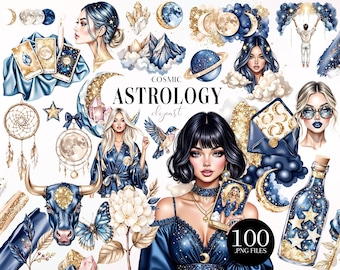 Conjunto de imágenes prediseñadas de astrología cósmica, paquete PNG celestial, ilustraciones PNG de tarot y zodíaco