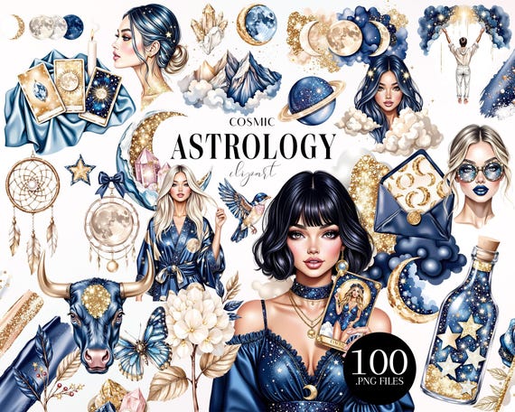 Cosmic Astrology Clipart Set, Celestial PNG Bundle, Tarot and Zodiac Illustrations PNG