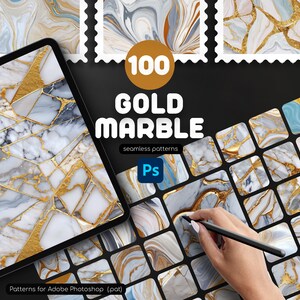 May include: 100 Gold Marble seamless patterns for Adobe Photoshop. The image shows a digital tablet displaying a white and gold marble pattern. The tablet is surrounded by a grid of smaller squares, each displaying a different marble pattern.
