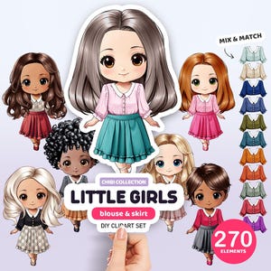 Chibi Blouse and Skirt Clipart, Girl Creator, Personalized Portrait, Custom Doll Creator, Chibi Girls Clipart, Customizable Clipart,