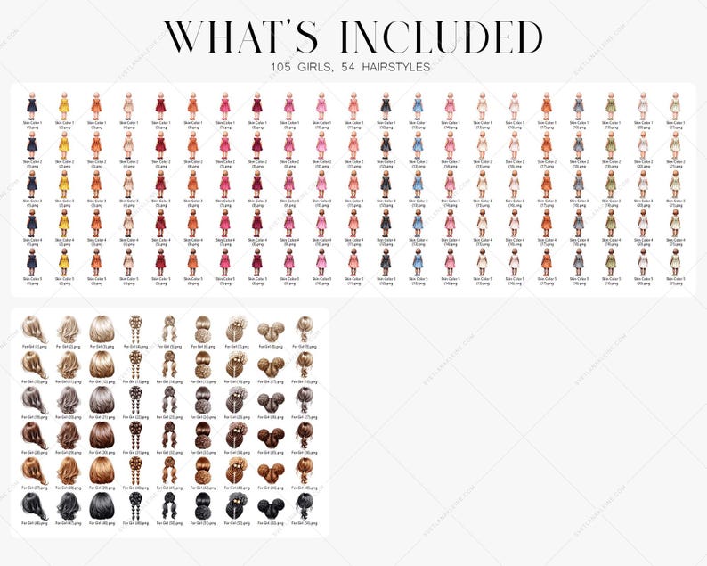 May include: An illustration with the text "WHAT'S INCLUDED" at the top. The image features 105 illustrated girls in various dresses and 54 hairstyles. The girls are in rows, and the hairstyles are below.