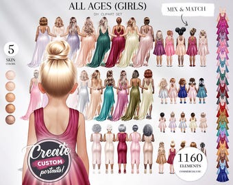All Ages Girls Clipart Bundle, Elegant People Clipart, People Creator, Custom Portrait, Back View, Personalized Gift