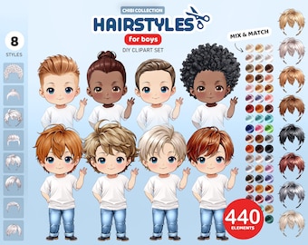 Chibi Boys Hairstyles Clipart, Doll Creator, Hair PNG, Custom Portrait, Hairstyles for Dolls, Customizable Clipart, Hair Graphics