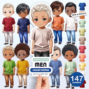 Clipart di vestiti casual per bambole da uomo, creatore di bambole da uomo Chibi, PNG per uomini, ritratto personalizzato, clipart anime, clipart personalizzabili, grafica personalizzata