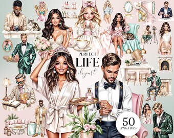 Perfect Life Clipart, Elegant Man and Woman Illustrations, Luxury Lifestyle PNG Bundle