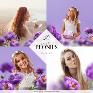 May include: 30 purple peony photo overlays.  These digital overlays are perfect for adding a touch of floral beauty to your photos.  30 .png files for normal blending mode.