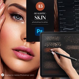 May include: A set of 45 Photoshop brushes designed to create realistic skin textures. The brushes are displayed on a laptop screen with a hand holding a stylus. The text "45 - REALISTIC - SKIN photoshop brushes" is displayed on a black background.