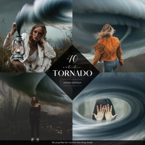 Peut inclure: Image composite de quatre superpositions de photos artistiques de tornades. Le texte central indique "40 artistic TORNADO photo overlays" avec "40 .png files for normal blending mode" en bas. Chaque superposition montre une personne avec une tornade.