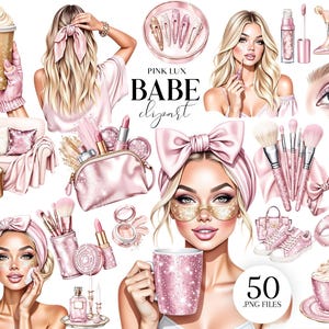 Pode incluir: Ilustração digital com uma coleção de itens de beleza e estilo de vida rosa. Inclui maquiagem, acessórios e itens de moda, como uma xícara de café, sapatos e uma bolsa de maquiagem. O texto "PINK LUX BABE lizart" é visível.