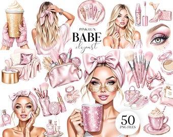 Lux Babe Clipart – Set PNG glamour rosa e oro, illustrazioni di trucco, moda e stile di vita scintillante