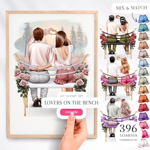 Puede incluir: Un conjunto de imágenes prediseñadas digitales de una pareja sentada en un banco. El conjunto incluye 5 tonos de piel, 396 elementos de ropa y fondo, y el texto "LOVERS ON THE BENCH".