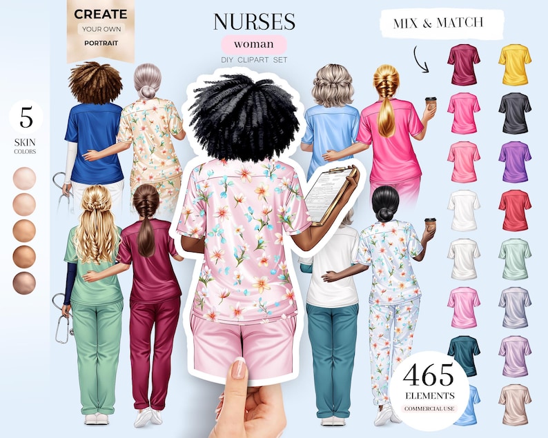 Puede incluir: Un conjunto de clipart digital de enfermeras con diferentes tonos de piel, estilos de cabello y uniformes. El conjunto incluye 465 elementos y es para uso comercial. El texto "NURSES woman DIY CLIPART SET" est&aacute; en la parte superior de la imagen. El texto "MIX & MATCH" est&aacute; en la parte superior derecha de la imagen. El texto "465 ELEMENTS COMMERCIAL USE" est&aacute; en la parte inferior de la imagen.