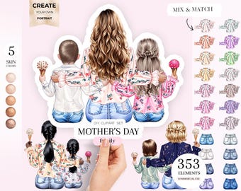 Moederdag clipart: moeder en kinderen portret maker (digitale png-download)