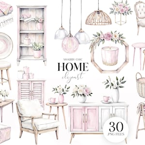May include: A collection of watercolour illustrations depicting Shabby Chic home decor. The image includes furniture such as a bookshelf, a chair, and side tables, along with lighting and accessories. The colour palette is soft pink and white. The text "SHABBY CHIC HOME clipart" is visible.