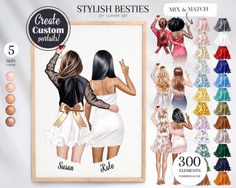 Stylish Besties Clipart, Friend Portrait Creator, Custom Clipart, Doll Creator, Back View, Personalized Gift
