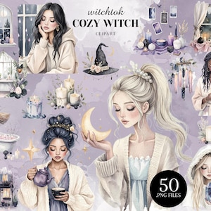 Cozy Witchtok Clipart Kit, Soft Witch Aesthetic, Witchy Journal Kit