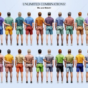 Pu&ograve; includere: Una collezione di 20 uomini in piedi in due file, di spalle alla telecamera. Ogni uomo indossa una diversa combinazione di polo a maniche corte e pantaloncini. Il testo "UNLIMITED COMBINATIONS! Mix and Match!" &egrave; in cima all'immagine.