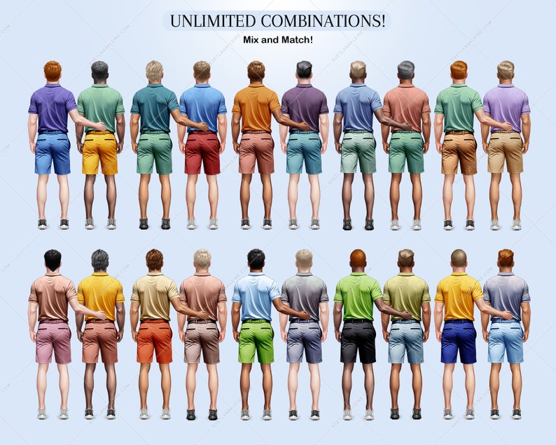 Pu&ograve; includere: Una collezione di 20 uomini in piedi in due file, di spalle alla telecamera. Ogni uomo indossa una diversa combinazione di polo a maniche corte e pantaloncini. Il testo "UNLIMITED COMBINATIONS! Mix and Match!" &egrave; in cima all'immagine.