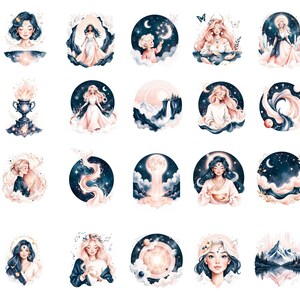Pode incluir: Uma cole&ccedil;&atilde;o de ilustra&ccedil;&otilde;es em aquarela com temas celestiais e et&eacute;reos. Cada design circular apresenta mulheres, luas, estrelas e paisagens em tons suaves de rosa, azul e branco. A obra de arte evoca uma sensa&ccedil;&atilde;o de fantasia e imagens on&iacute;ricas.