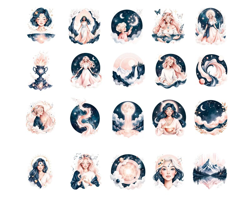 Pode incluir: Uma cole&ccedil;&atilde;o de ilustra&ccedil;&otilde;es em aquarela com temas celestiais e et&eacute;reos. Cada design circular apresenta mulheres, luas, estrelas e paisagens em tons suaves de rosa, azul e branco. A obra de arte evoca uma sensa&ccedil;&atilde;o de fantasia e imagens on&iacute;ricas.
