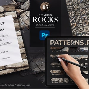 Peut inclure: Une illustration numérique de 65 motifs de roches sans couture pour Adobe Photoshop. L'image montre l'écran d'une tablette affichant les motifs, avec une main tenant un stylet au-dessus de l'écran. Le texte "PATTERNS.PAT" est affiché sur l'écran de la tablette.